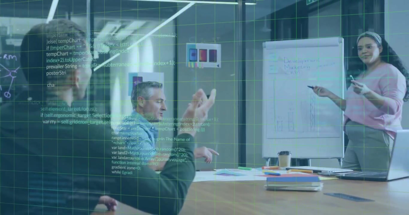 Animation of data processing over diverse colleagues having meeting in office