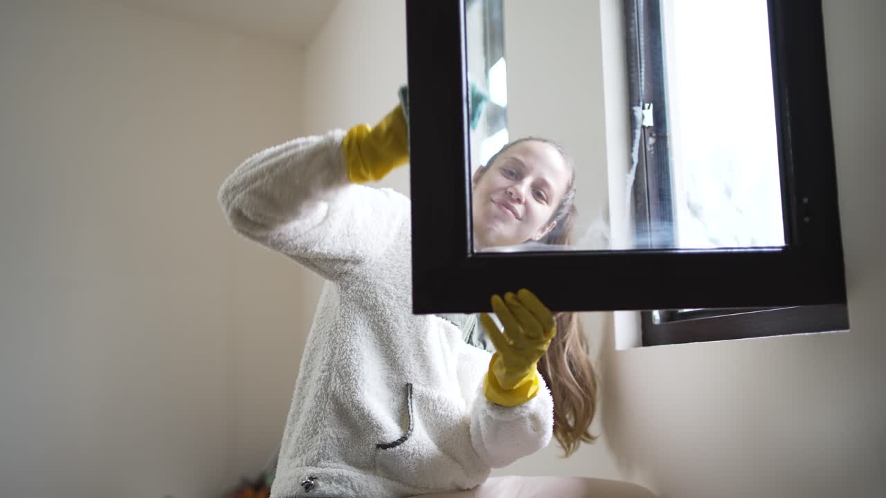 Home hygiene scene showing a woman washing windows with spray and gloves, symbolizing cleanliness, order, and healthy living environment