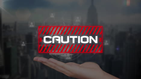 animation of caution text over cityscape