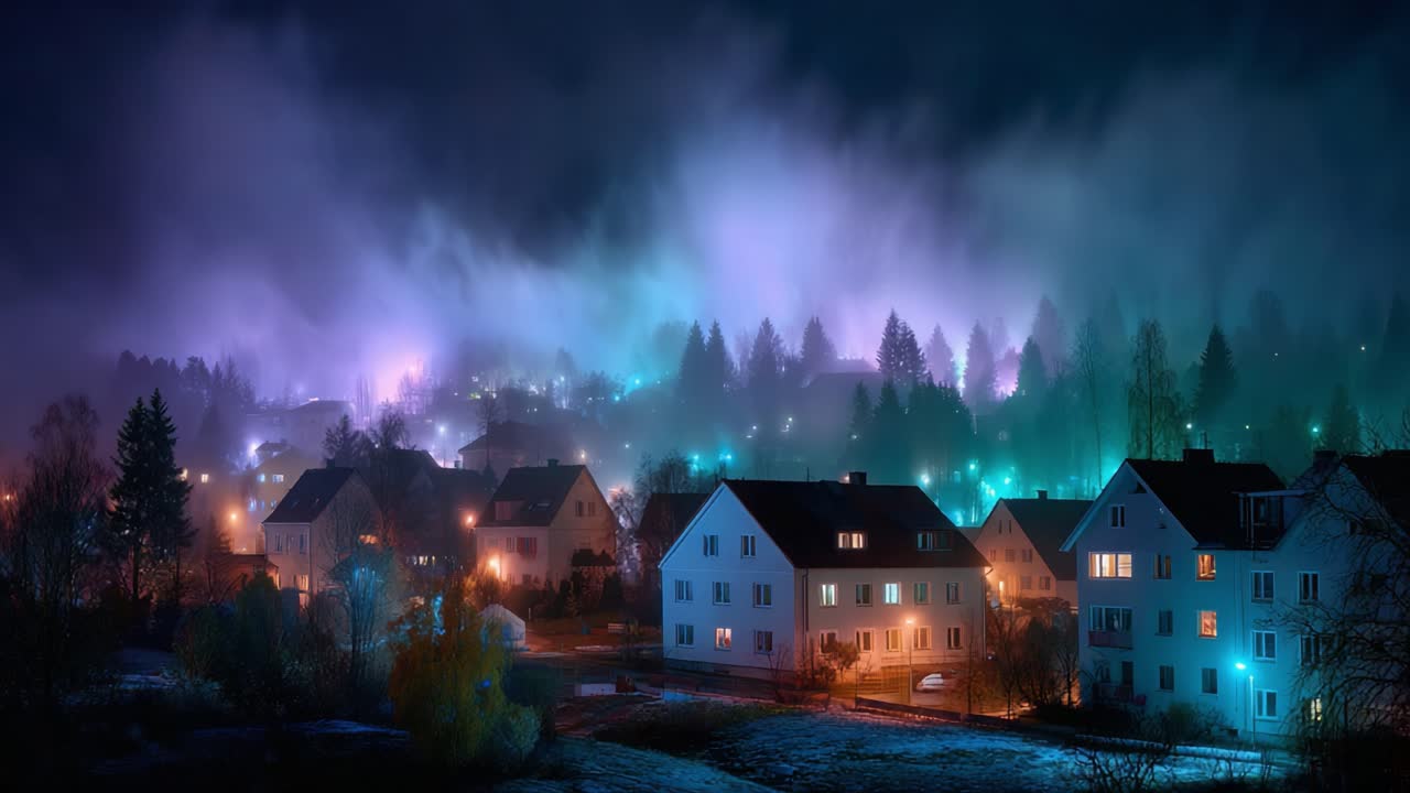A Mesmerizing Nightscape of Houses Illuminated by Ethereal Fog and Colorful Lights, Creating a Dreamlike Atmosphere in a Serene Landscape