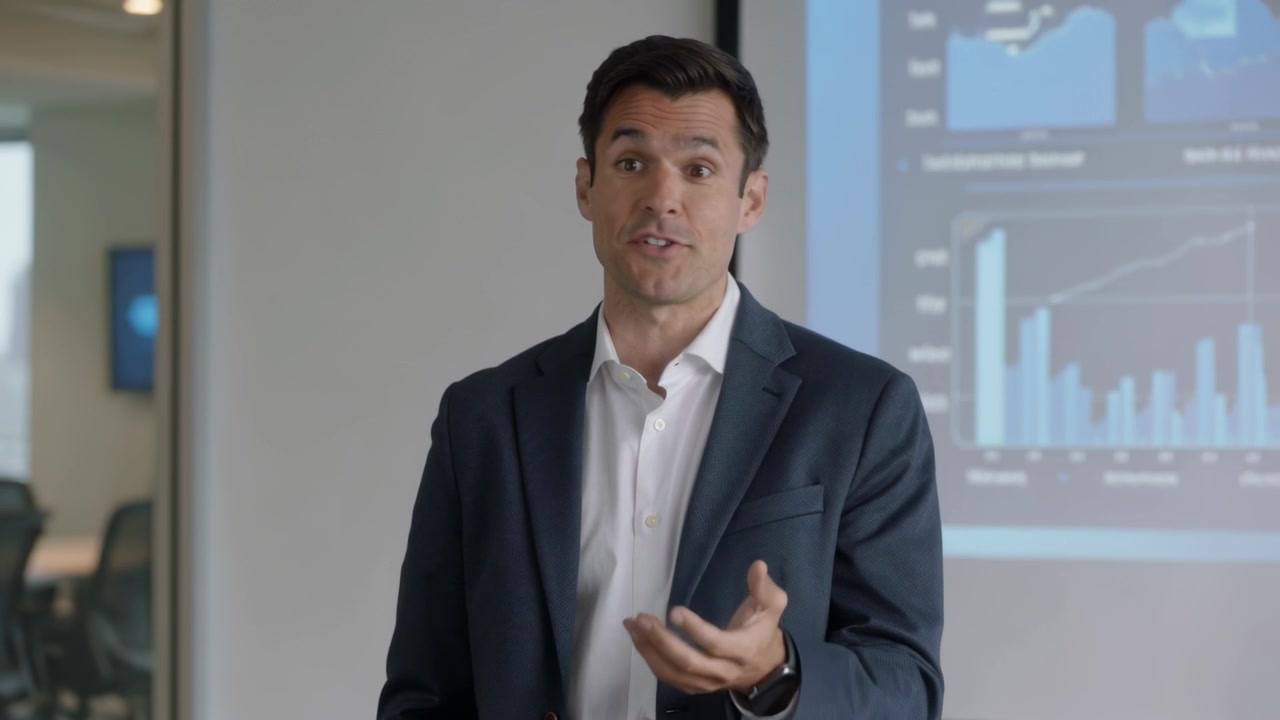 Uomo in blazer blu navy che controlla l'orologio dopo un gesto per verificare l'ora in una sala conferenze con grafici.