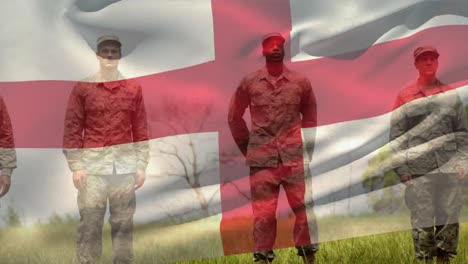 animation of flag of england over diverse male soldiers