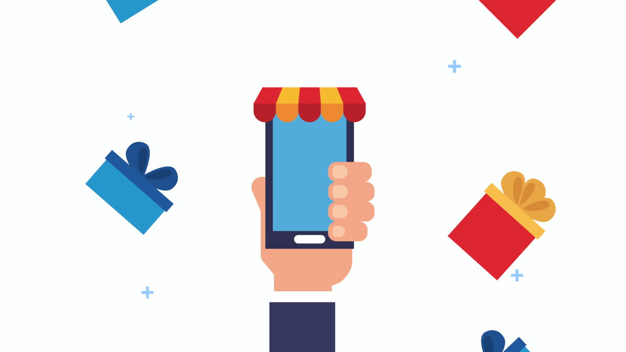 선물 상자를 가진 스마트폰을 사용하는 사람의 손