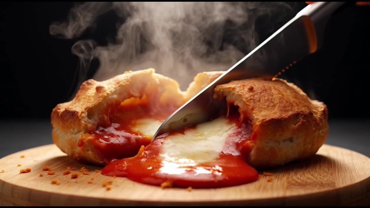 Coltello che taglia una pizza calzone calda e fumante su tagliere di legno