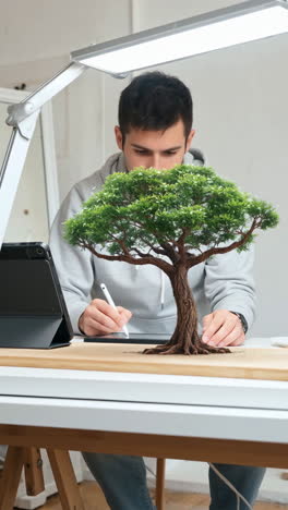 man engaged in digital drawing with a bonsai tree on his desk