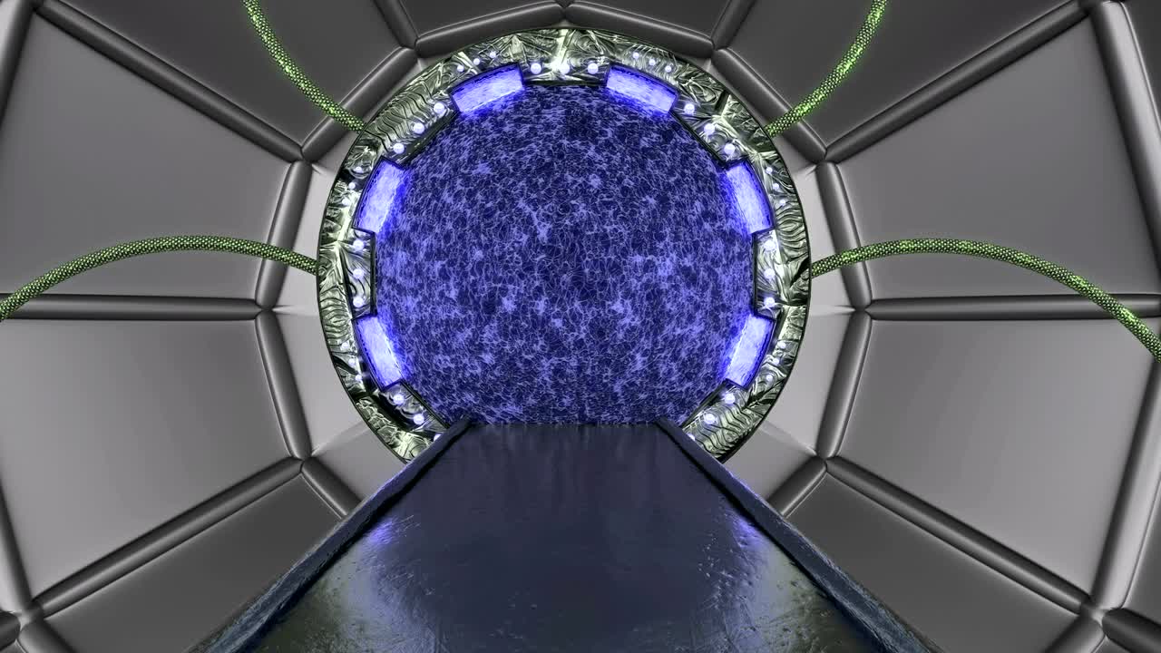 la escotilla oxidada de hierro abre una vista panorámica a la escena del paisaje de la nave espacial. fondo abstracto 3d de corredor de ciencia ficción con portal. tecnología futurista abstracto vj para títulos tecnológicos y fondo.
