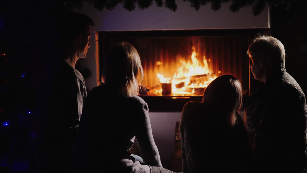 어둠 속에서 불을 바라보며 벽난로 옆에서 쉬고 있는 가족