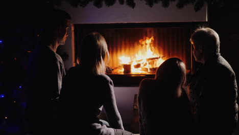 family resting by the fireplace watching the fire in the dark