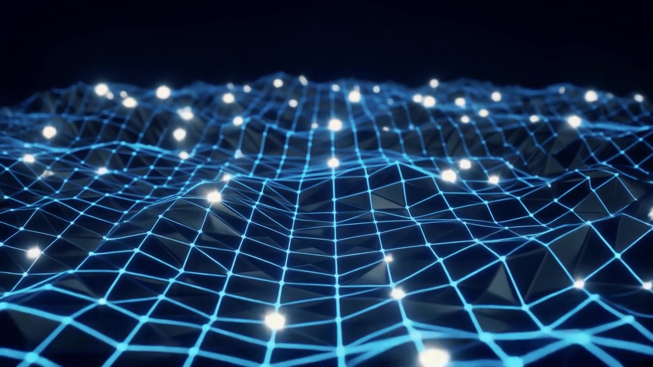Abstract Digital Landscape with Glowing Nodes and Blue Grid