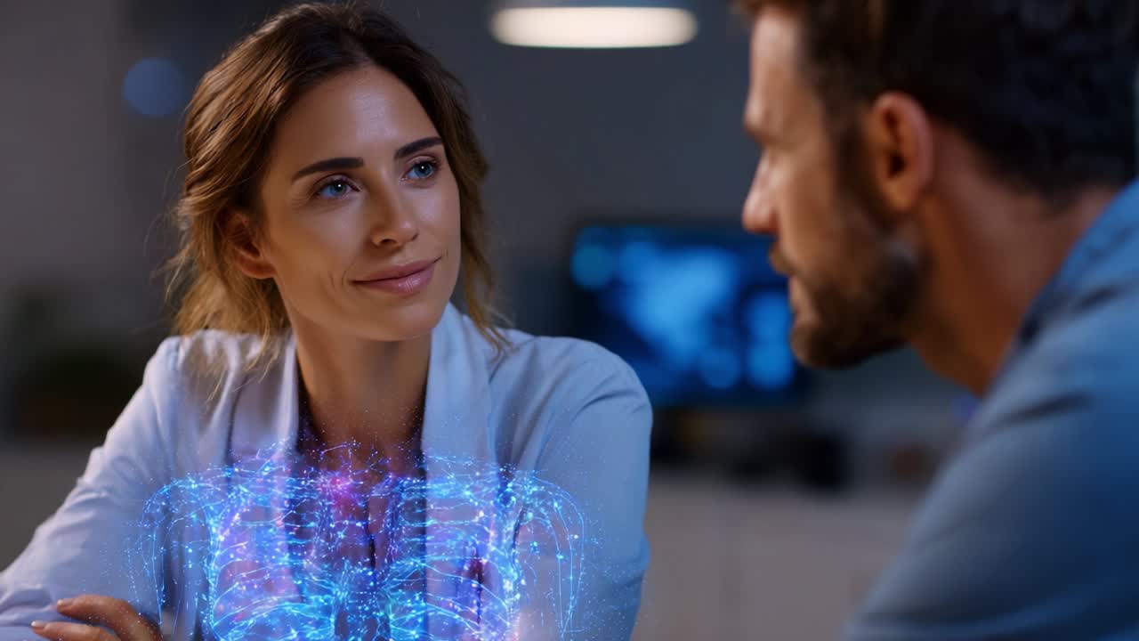 In a modern conversation, a woman engages with a man while showcasing a holographic representation of a human anatomy or focus on personal health and innovation, enhancing the interaction with technology