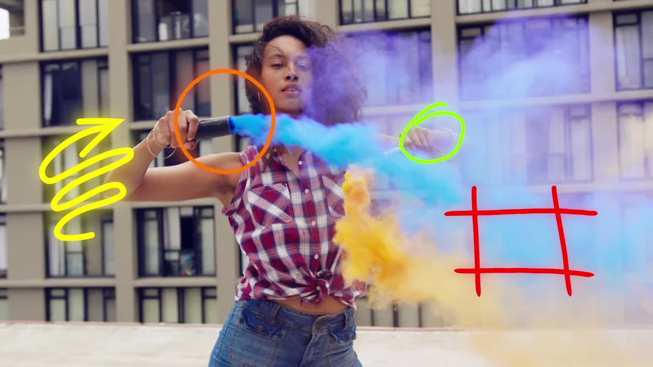 Neon shapes and people with color powder