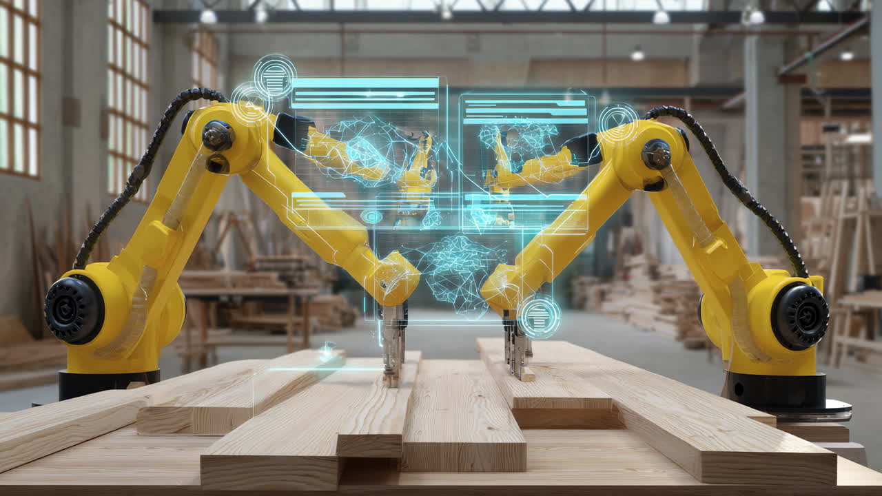 Robots collaborating in a workshop. Two yellow robotic arms work together in a workshop, handling wooden planks with digital display guidance