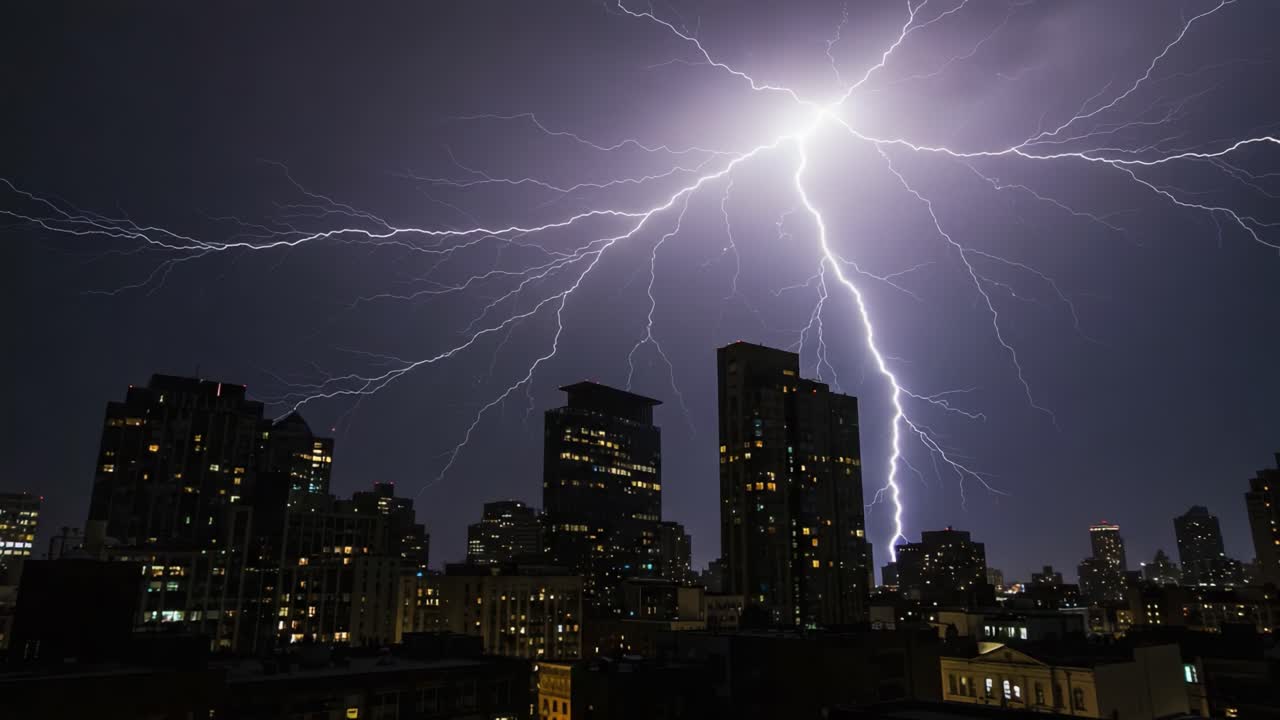 City Night Skyline with Lightning and Dark Sky