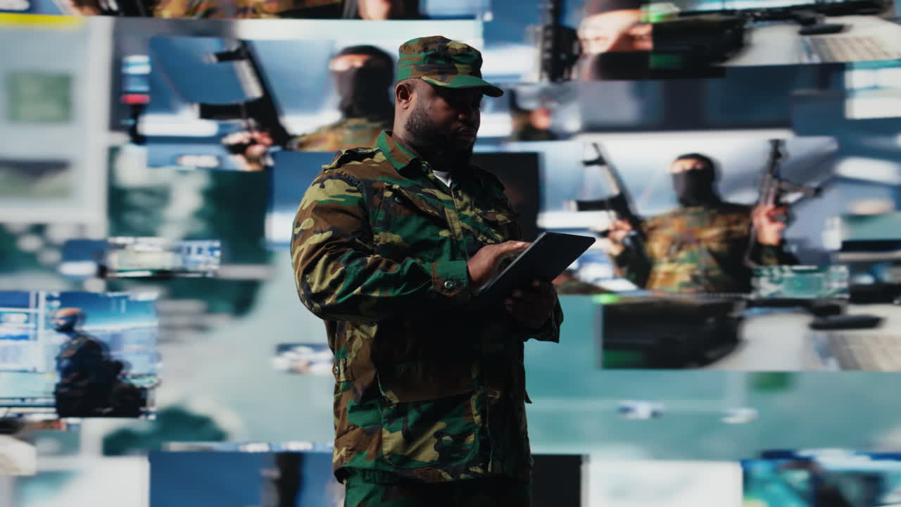 African american army staff monitoring drone and satellite imagery