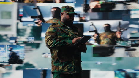 african american army staff monitoring drone and satellite imagery