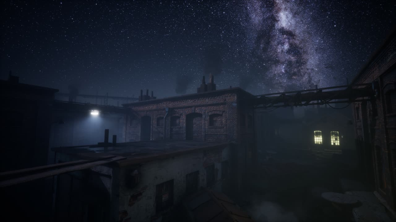 Stelle della Via Lattea sopra una vecchia fabbrica abbandonata