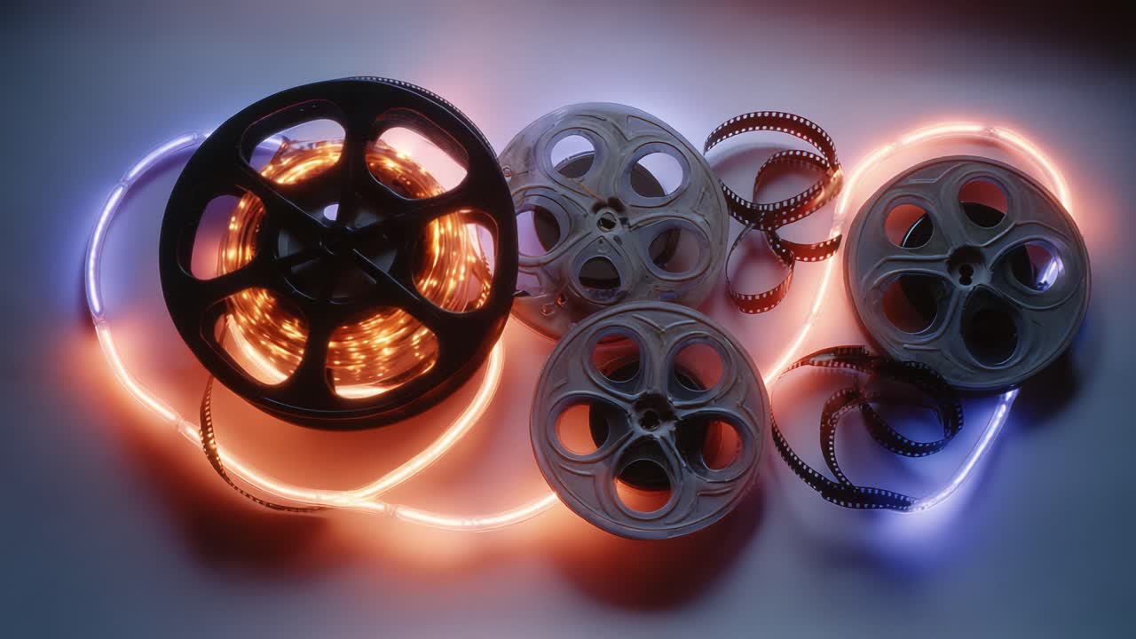 Exploring the Essence of Cinematic Art: A Captivating Display of Film Reels Bathed in Ambient Light, Evoking the Nostalgia of Motion Pictures and Storytelling