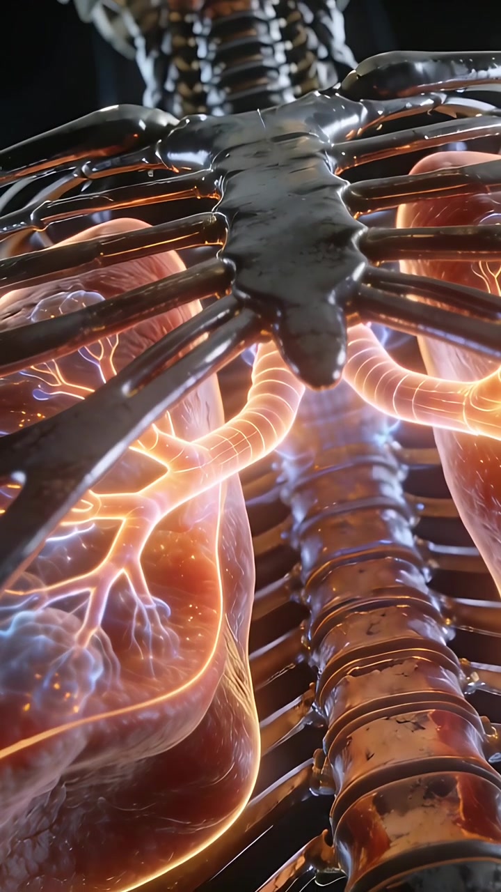 Vertical video: Rising camera revealing glossy ribs and spine in studio for showing lung pulsations