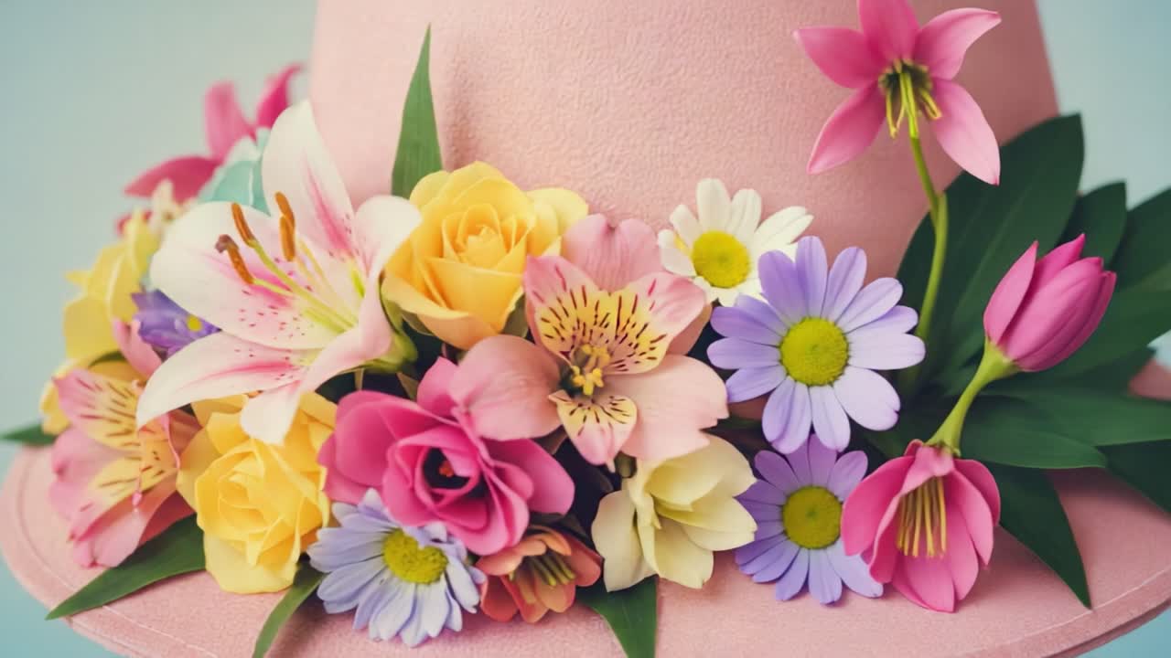 A Stunning Flower-Adorned Pink Hat Captivatingly Blends Elegance and Nature's Beauty, Perfect for Celebrating Special Occasions or Enhancing Your Spring Wardrobe
