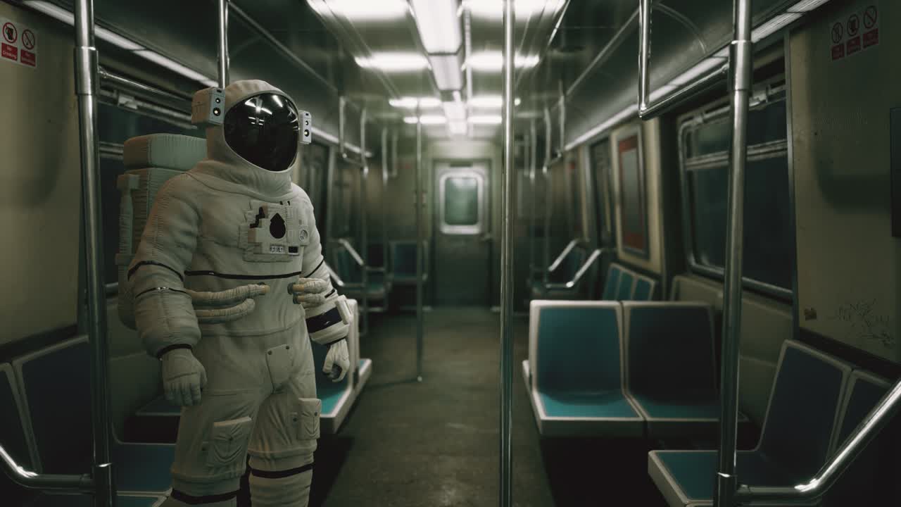 astronauta dentro del viejo vagón de metro no modernizado en ee.uu.