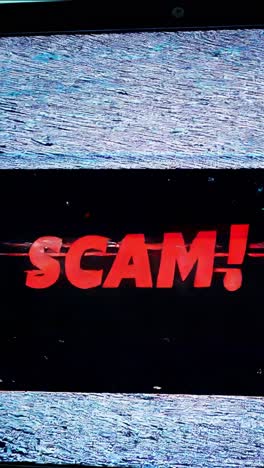 red scam alert message displayed on a black computer screen with distorted colorful pixels simulating a glitch or interference effect, representing online fraud and security risks