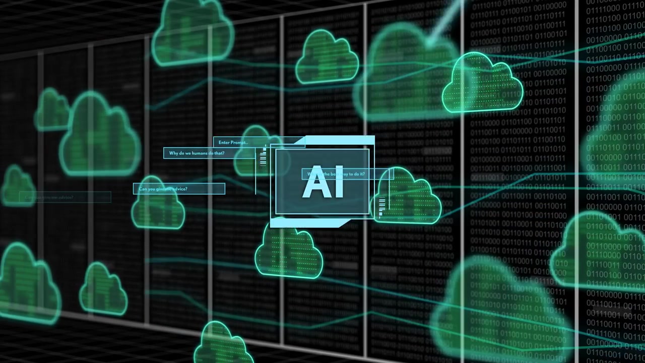 Glowing cloud appearing, central AI receiving queries, routing data into binary stream for storage