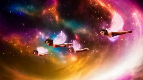 fairies flying through a vibrant cosmic galaxy