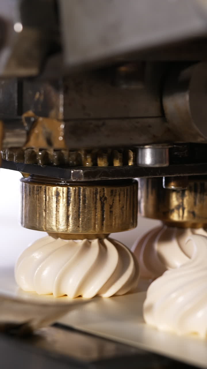 Few metal nozzles rotate and squeeze creamy marshmallows on conveyor belt. Automated line for desserts manufacturing. Close up. Vertical video