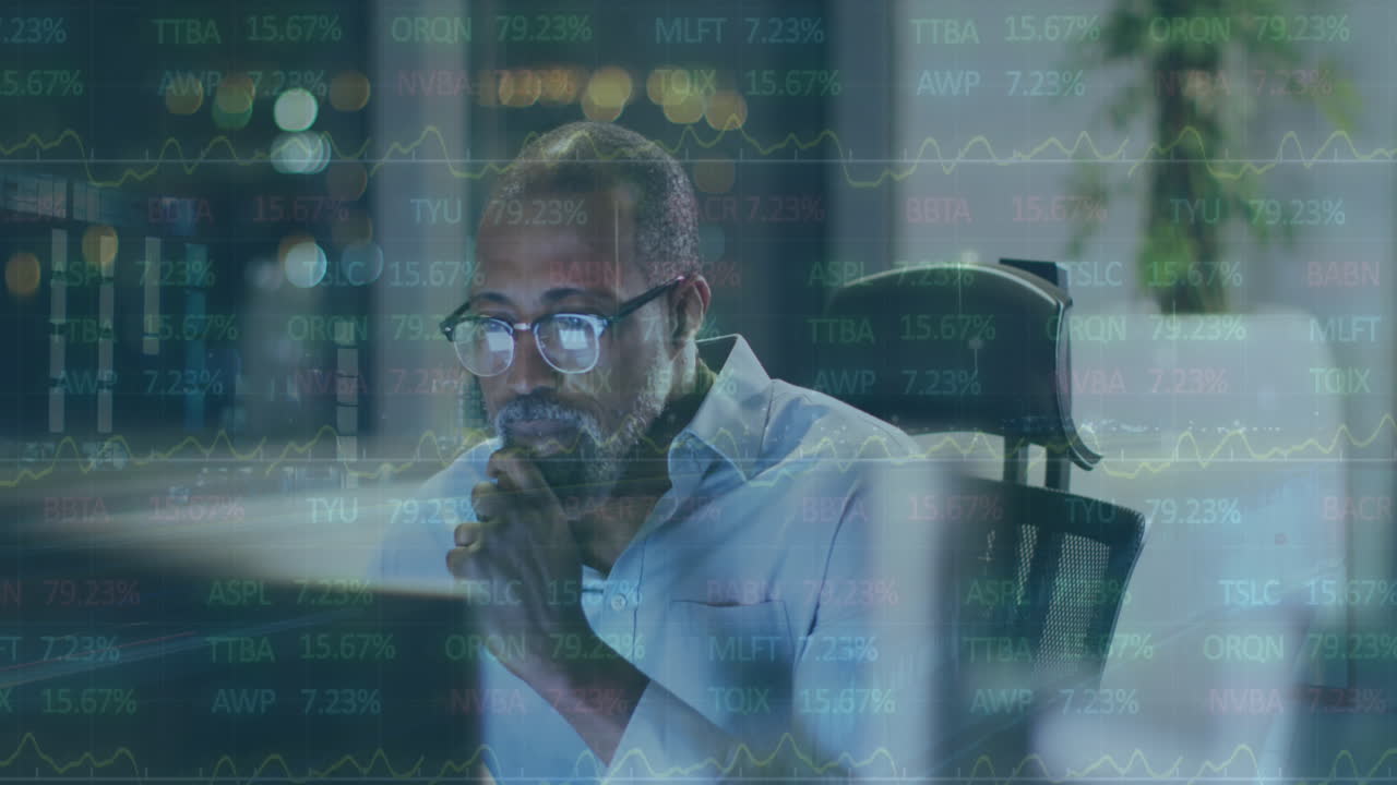 Animation of data processing over businessman working in office