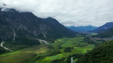 Aerial-of-Garmisch-Partenkirchen-Bavarian-alpine-village-in-mountains,-Germany