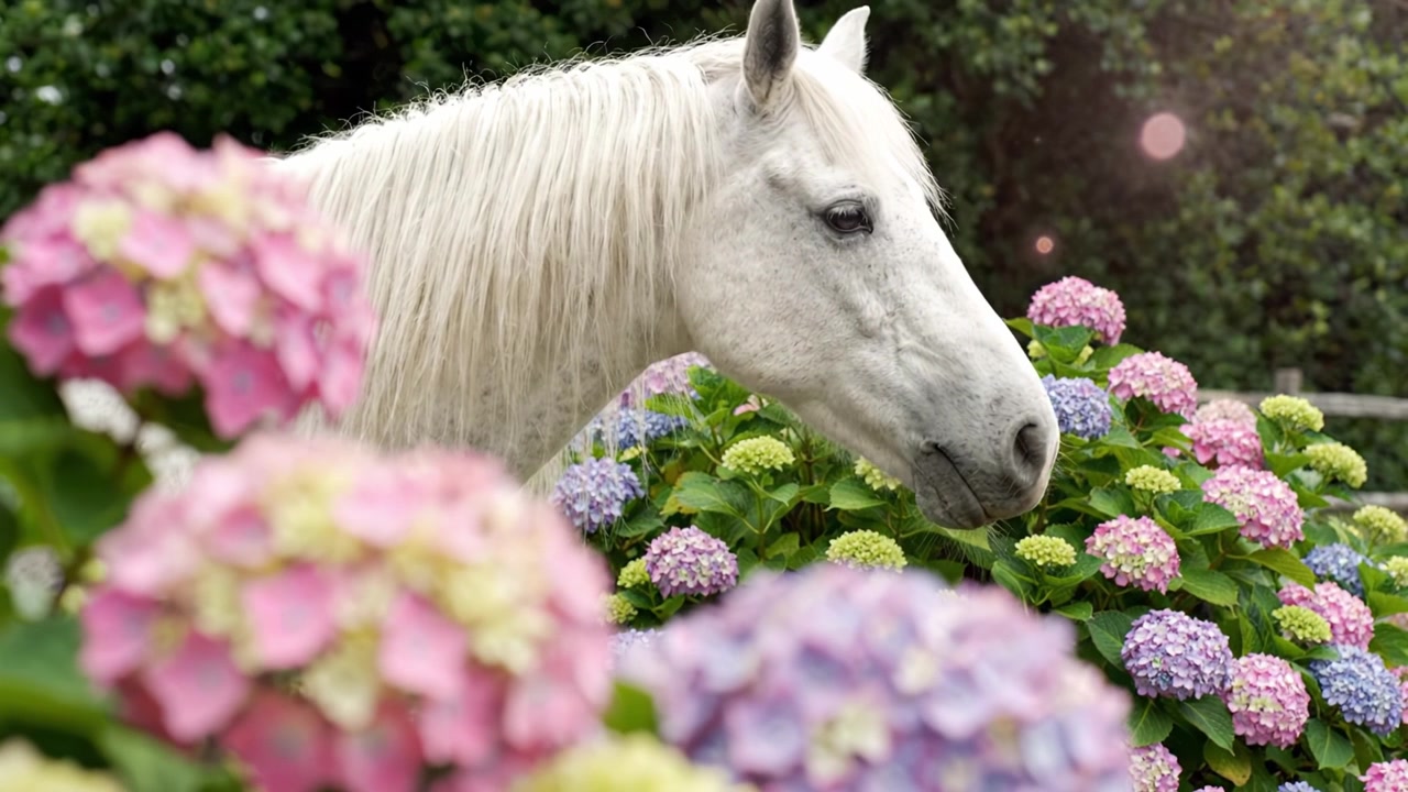 A Majestic White Horse Gracefully Surrounded by Blooming Hydrangeas in a Lush Garden, Capturing the Essence of Nature's Beauty and Tranquility.