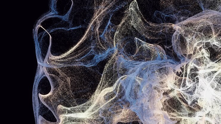 Flowing particles, wave pattern background, 3d rendering.