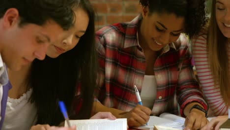 Compañeros-Sonrientes-Estudiando-En-La-Biblioteca.