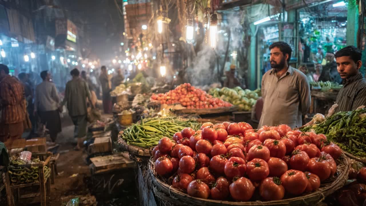 Vibrant Night Market Scene Bursting with Fresh Produce and Lively Activity, Capturing the Essence of Urban Commerce and Community Spirit
