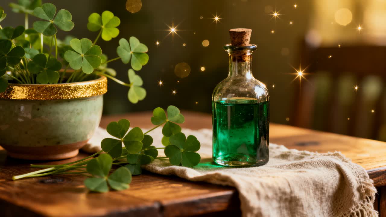 Animating star sparks shifting, glass vial sitting on linen at table, clover pot left, copy space