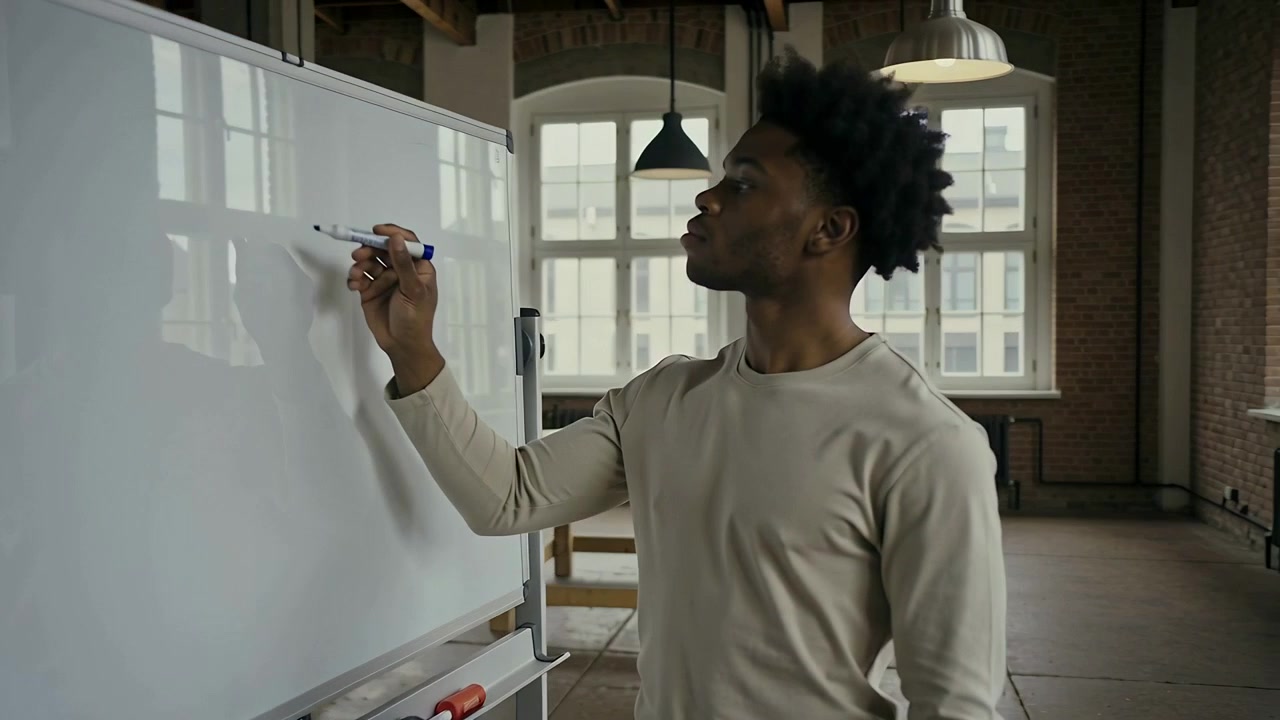 Inspecting blank board, man in shirt and pants raising blue marker, writing in loft