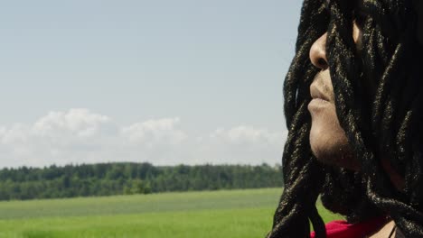 samson staring out at green landscape with fist clinched, biblical character with long dreads, israelite warrior and judge, black male in old testament, christian