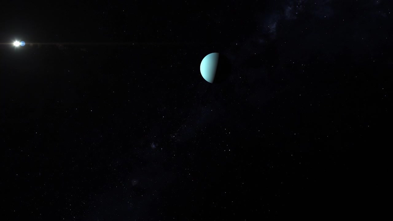 Uranus-planeetta kaukaisella anamorfisella auringonpilkahduksella, kameran noustessa hitaasti - 3D-animaatio 4K