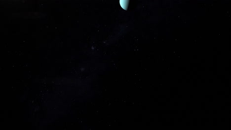 planeta urano con destello solar anamórfico distante con cámara subiendo lentamente - animación 3d 4k