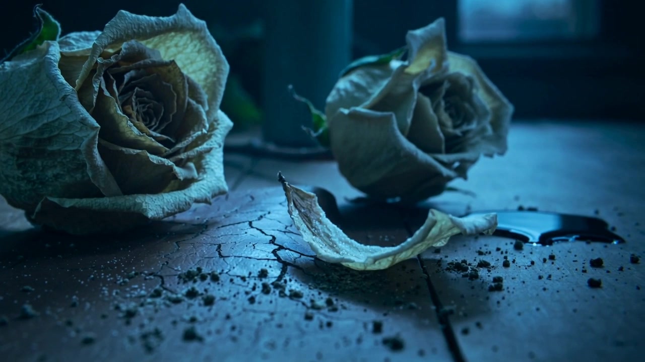 Drifting petal of two dried roses, window draft lifting petal, settling on cracked wood near puddle