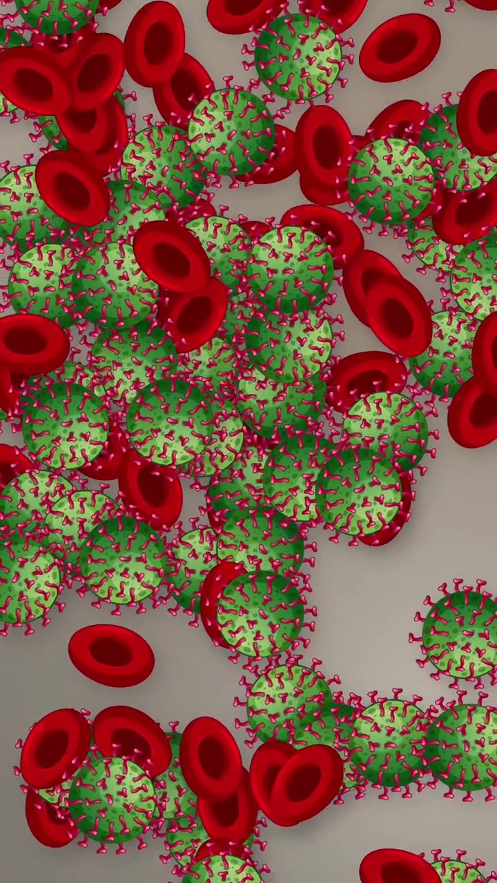 Animazione medica 3D di sfere di virus verdi e globuli rossi che cadono su uno sfondo neutro