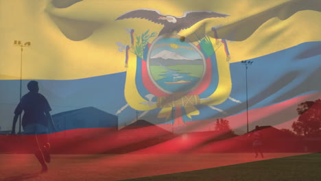 animation of ecuador flag waving over diverse player practicing rugby in friendly match