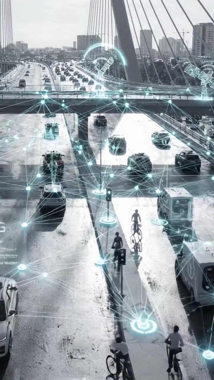 Trasporto urbano: una vista dinamica di ciclisti e veicoli su un ponte moderno tra superfici riflettenti e tecnologia.