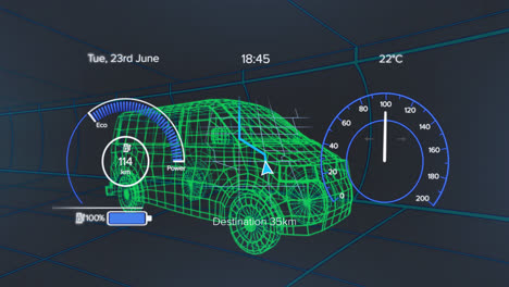 animation of speedometers, numbers, battery icon over 3d model of van against black background