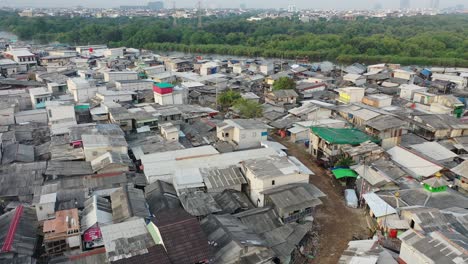 aerial view of a densely populated riverside community