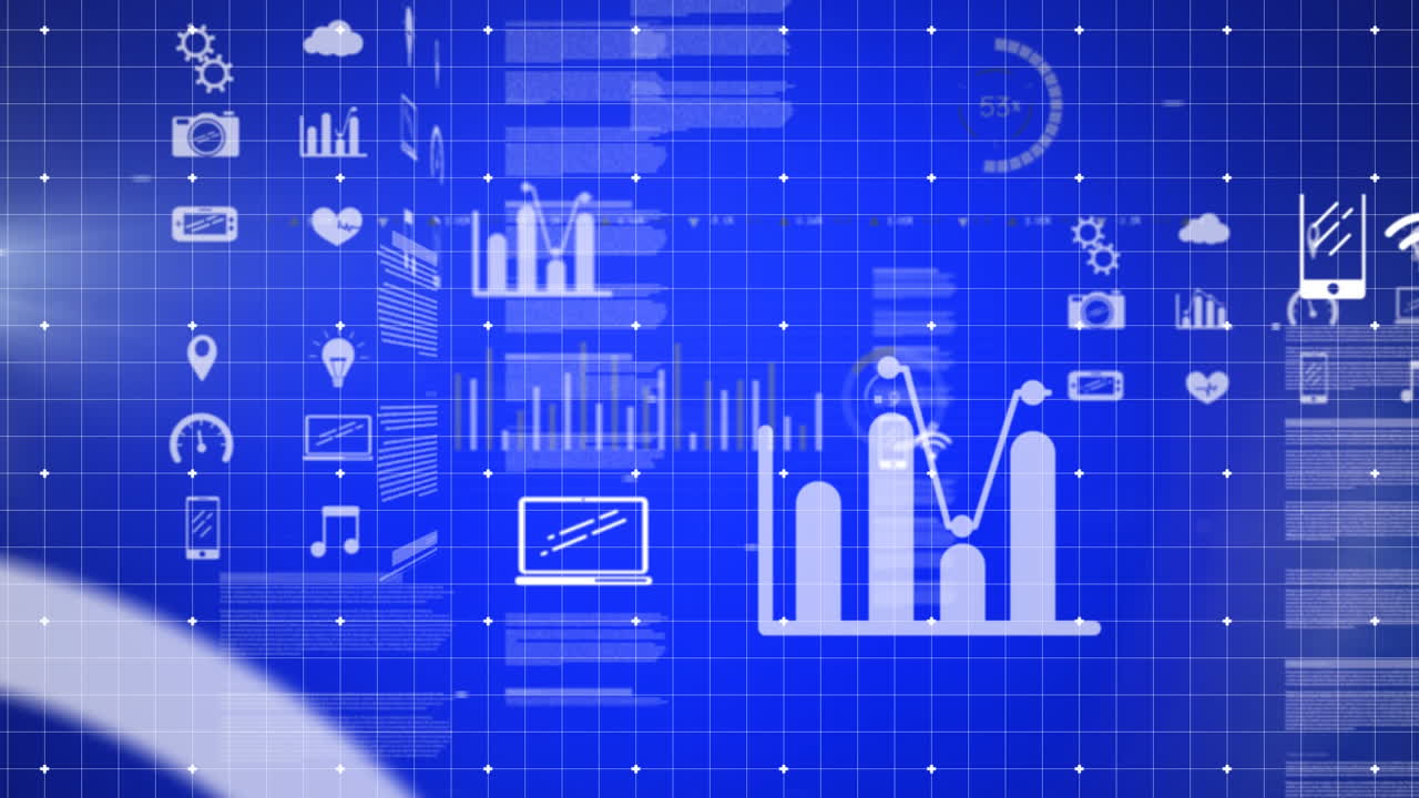 animación de iconos digitales sobre una cuadrícula sobre un fondo púrpura