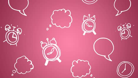 animation of white outline alarm clocks, speech and thought bubbles scrolling on pink background