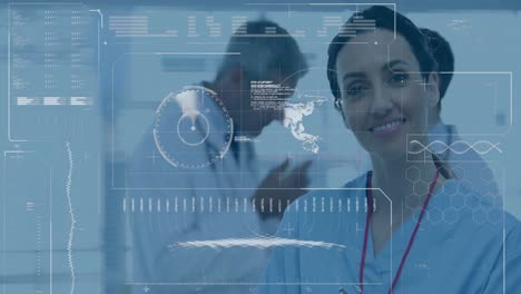 animación del procesamiento de datos médicos sobre un médico caucásico usando el teléfono