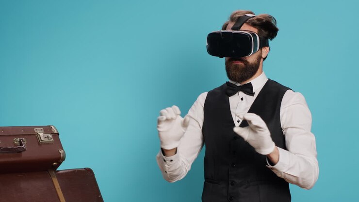 Fattorino moderno che prova occhiali VR