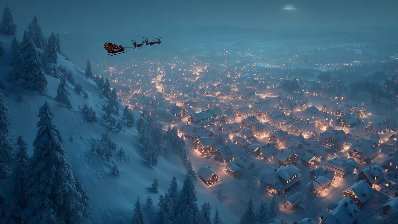 A Magical Winter Night Scene Featuring a Sleigh in Flight Over a Snowy Village Illuminated by Warm Lights, Creating a Cozy Holiday Atmosphere